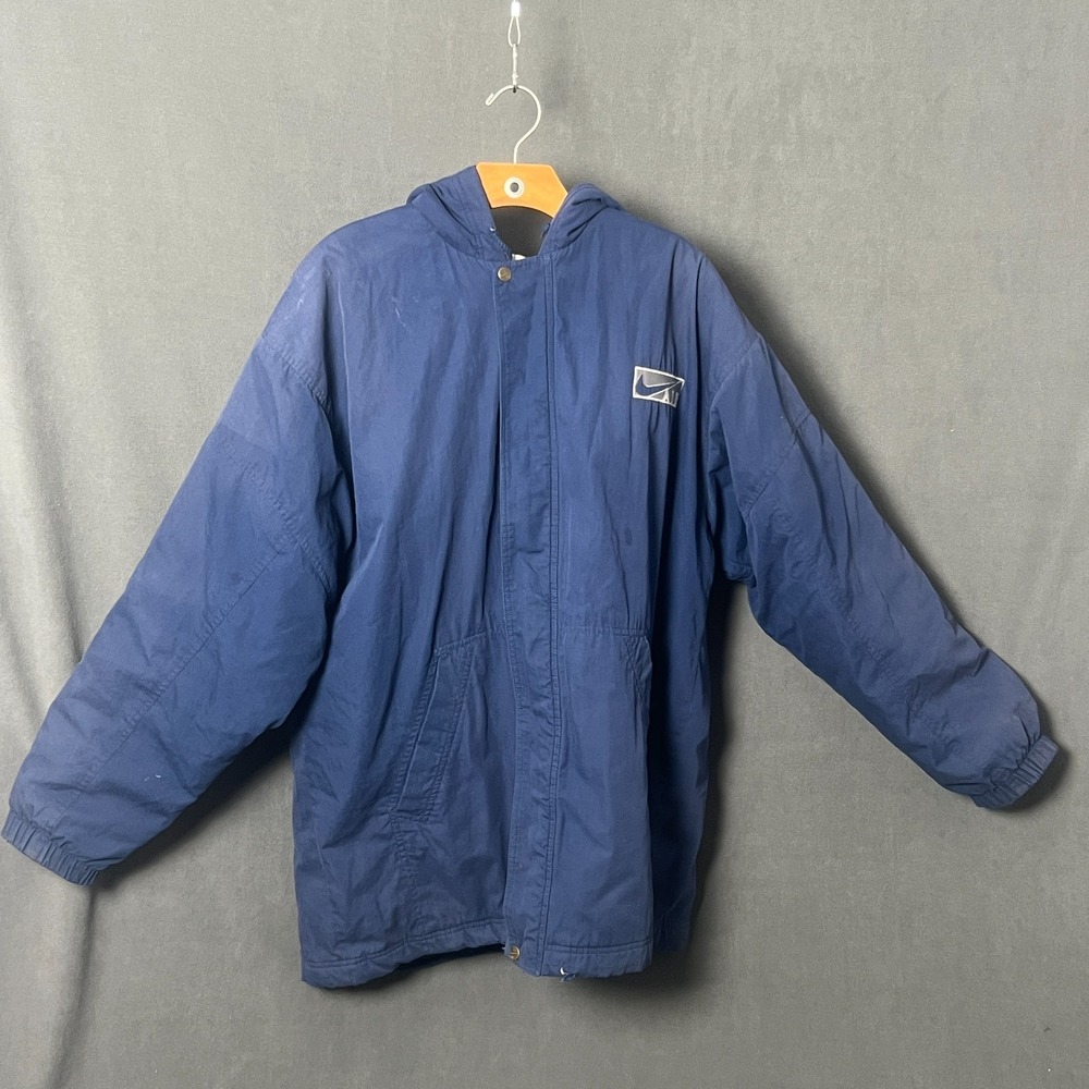 Vtg 90s Nike Swoosh Heavy Insulated Hooded Jacket Mens XL Blue Puffer Coat